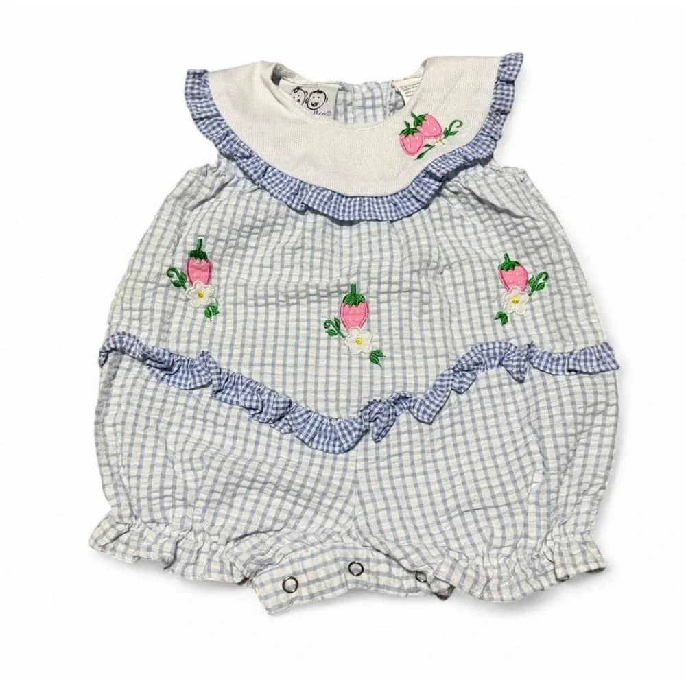 Vintage WeeFolks Baby Girl Romper 6/9M Strawberry Gingham Ruffle Bubble